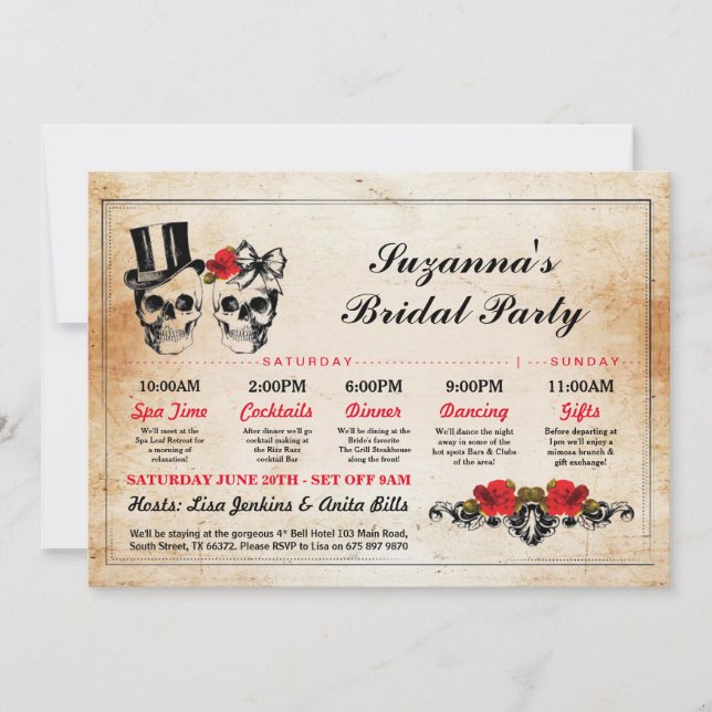 Invitación Ducha nupcial Plano de Skulls de Bachelorette Itin (Anverso)