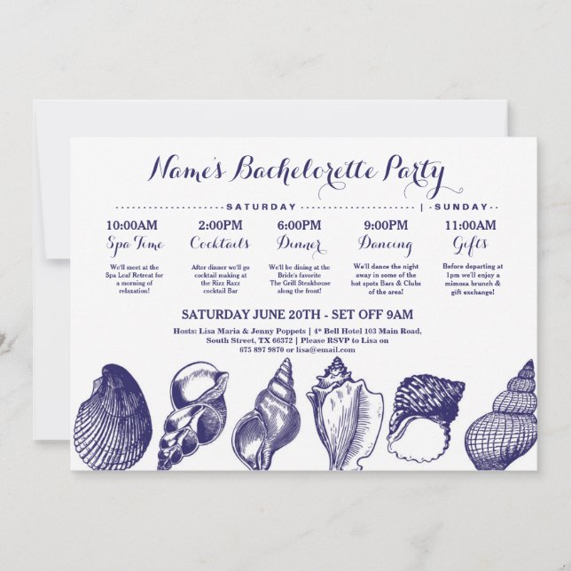 Invitación Ducha nupcial Playa Itineraria Boda conchas Mar (Anverso)