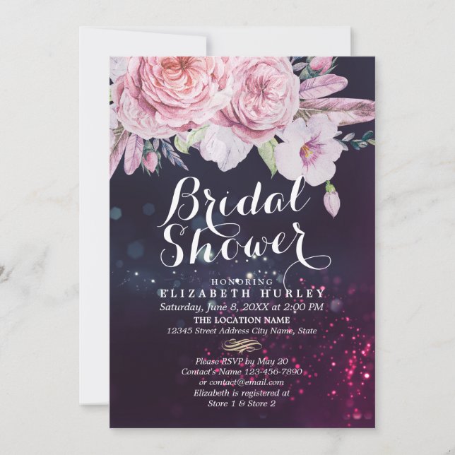 Invitación Ducha nupcial Plumas Florales Boho y Luces Moradas (Anverso)