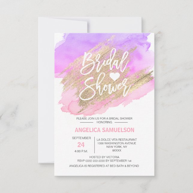 Invitación Ducha nupcial púrpura de la acuarela del rosa (Anverso)