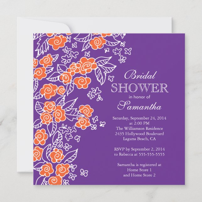Invitación Ducha nupcial púrpura de la flor bonita y (Anverso)