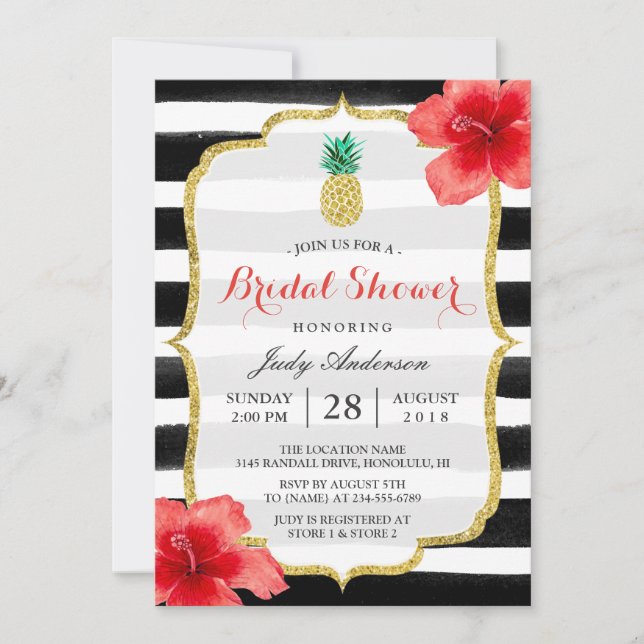 Invitación Ducha nupcial Purpurina oro piña roja hibiscus (Anverso)