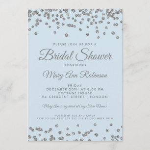 Invitación Ducha nupcial Purpurina Plata Confetti Azul helado