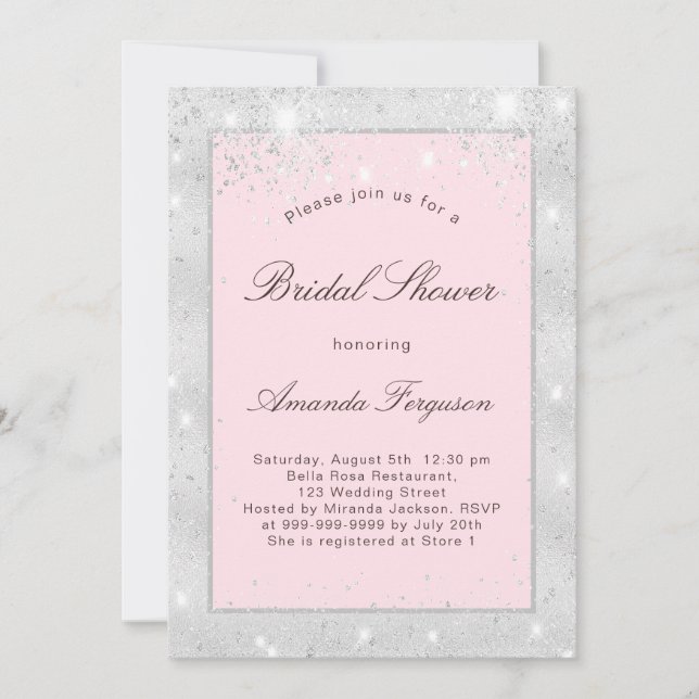 Invitación Ducha nupcial purpurina rosa plateado elegante (Anverso)
