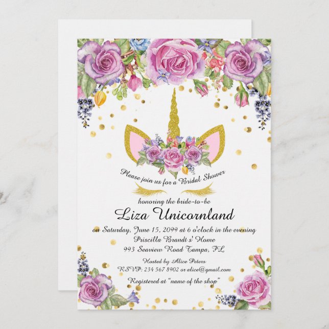 Invitación Ducha nupcial que honra, unicornio, blanco, flores (Anverso / Reverso)