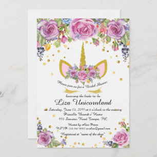 Invitación Ducha nupcial que honra, unicornio, blanco, flores