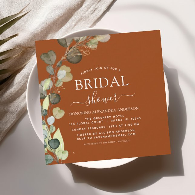 Invitación Ducha nupcial Quemada Naranja Greenery Eucalyptus (Subido por el creador)