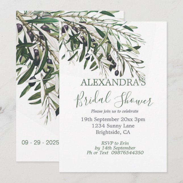 Invitación Ducha nupcial Rama de Olivo Verde Botánico Italian (Anverso / Reverso)