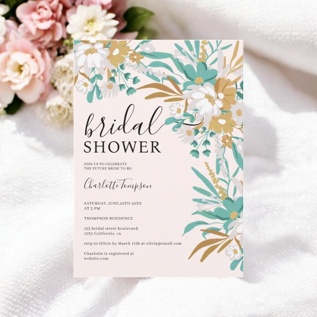 Invitación Ducha nupcial romántica con flores de oro y Verde  (Boho Teal and Gold Floral Romantic Bridal Shower Invitation)