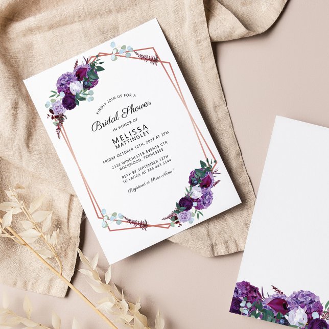 Invitación Ducha nupcial Rosa morado floral oro geométrico (Subido por el creador)