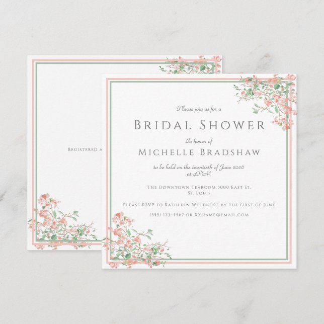 Invitación Ducha nupcial rosa y verde boho (Anverso / Reverso)