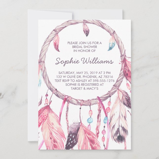 Invitación Ducha nupcial rosada de Boho Dreamcatcher (Anverso)