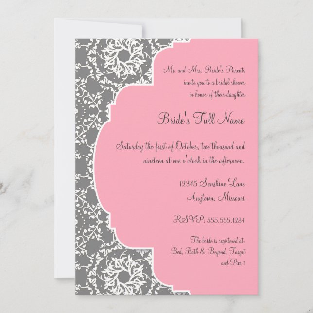 Invitación Ducha nupcial rosada y gris del damasco de (Anverso)