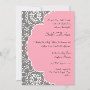 Invitación Ducha nupcial rosada y gris del damasco de