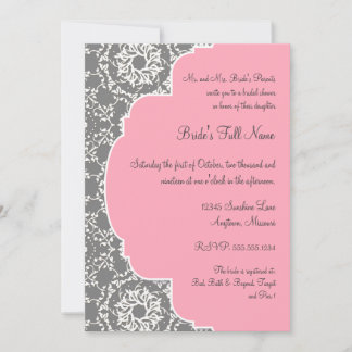 Invitación Ducha nupcial rosada y gris del damasco de