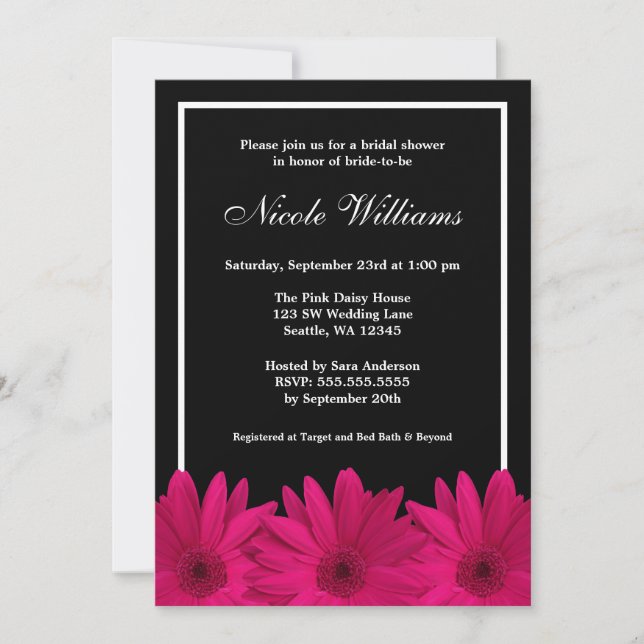 Invitación Ducha nupcial rosada y negra (Anverso)
