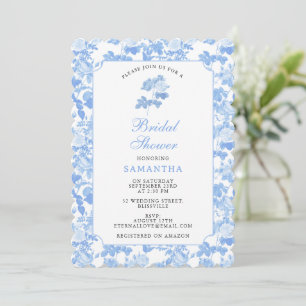 Invitación Ducha Nupcial Rosas Florales Blancas y Azules Chin