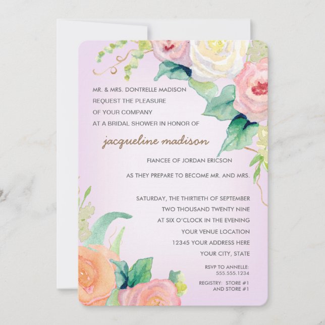 Invitación Ducha nupcial Rosas florales de acuarela moderna (Anverso)