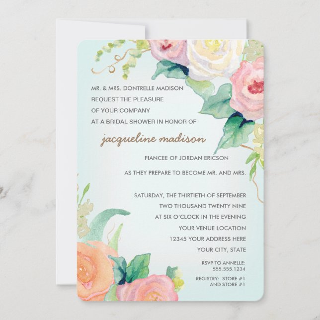 Invitación Ducha nupcial Rosas florales de acuarela moderna (Anverso)
