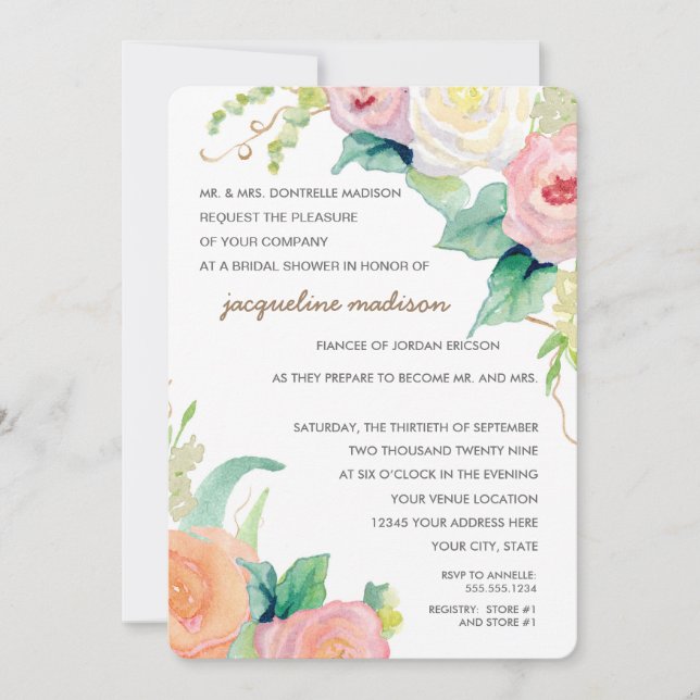 Invitación Ducha nupcial Rosas florales de acuarela moderna (Anverso)