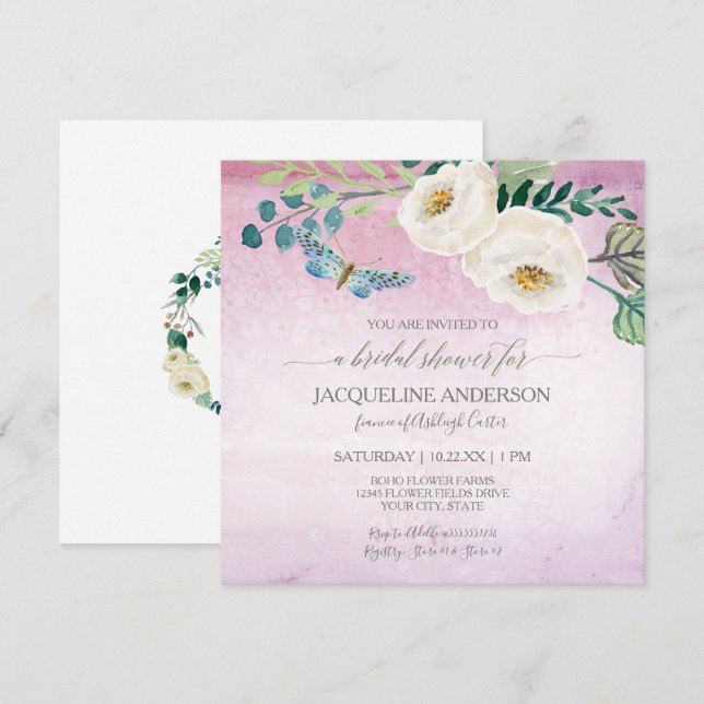 Invitación Ducha nupcial Rosas modernos mariposa guirnalda mo (Anverso / Reverso)