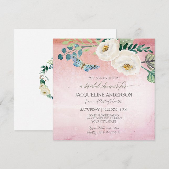 Invitación Ducha nupcial Rosas modernos mariposas color rosa (Anverso / Reverso)