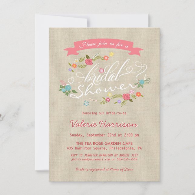 Invitación Ducha nupcial rugosa beige burlap (Anverso)