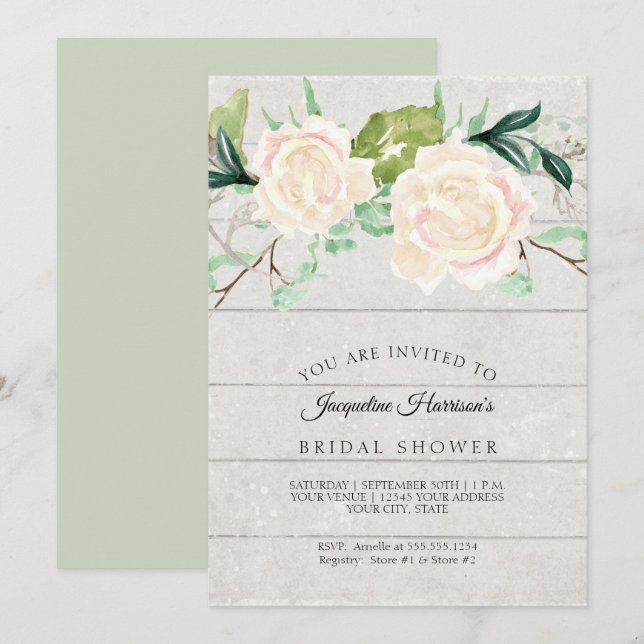 Invitación Ducha nupcial Ruidosa Madera Acuarela Rosas de Mar (Anverso / Reverso)