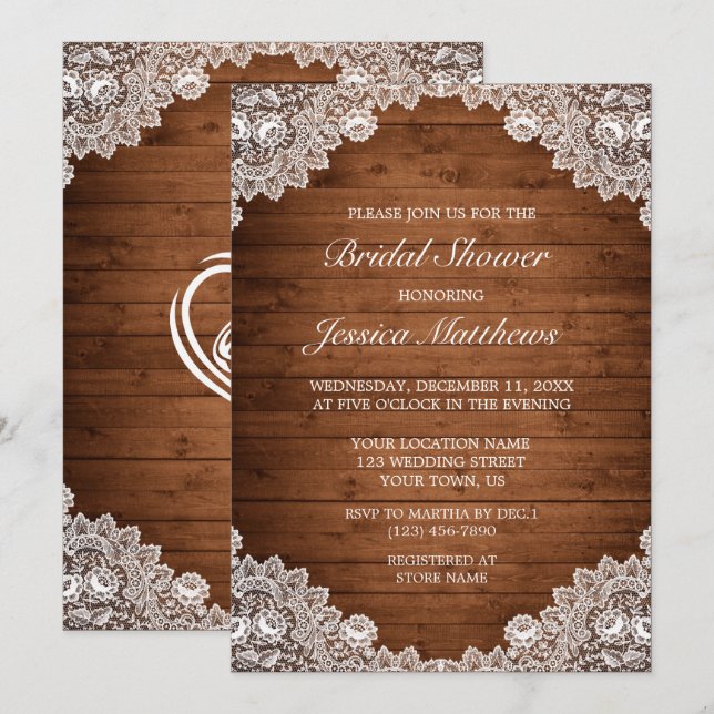 Invitación Ducha nupcial Rusa de Madera y Lace Blanco (Anverso / Reverso)