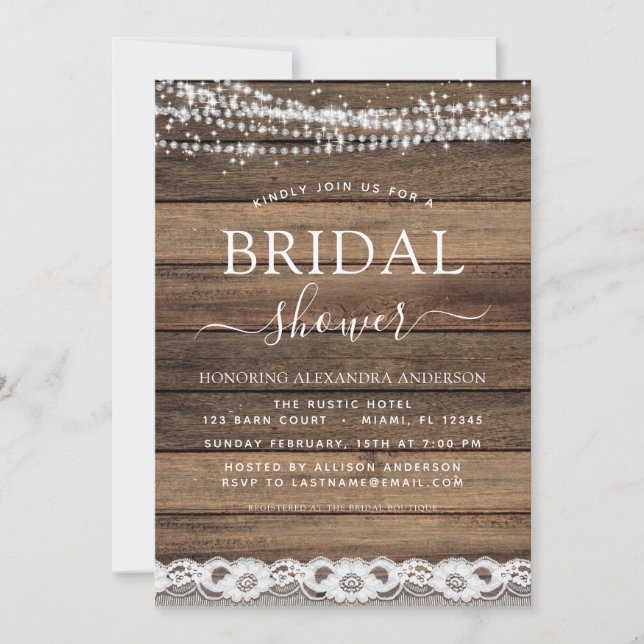 Invitación Ducha nupcial Rustic Farmhouse String Luces Lace (Anverso)