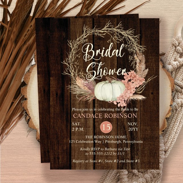 Invitación Ducha nupcial - Rústica Calabaza Pampas Wreath (Subido por el creador)