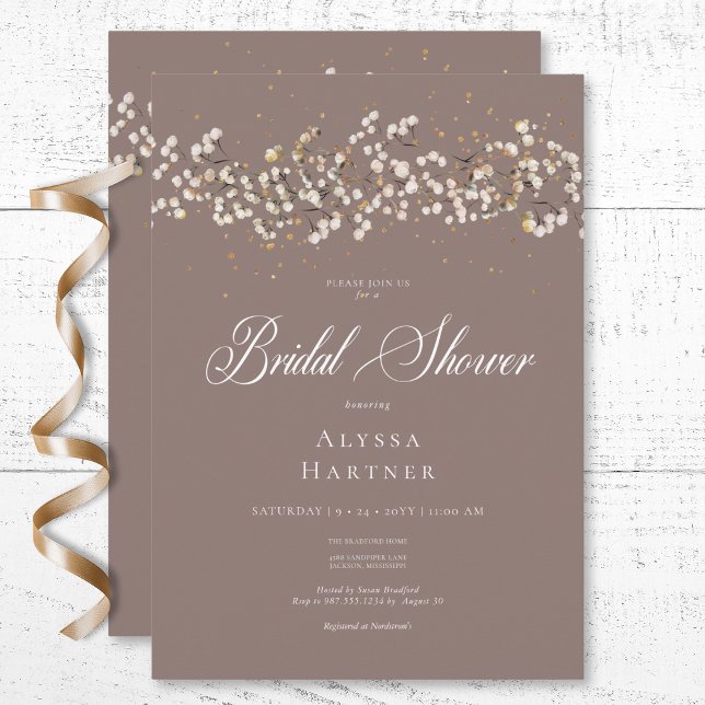 Invitación Ducha nupcial Rústica de un bebé blanco respira (Rustic White Baby's Breath Brown Bridal Shower Invitation)