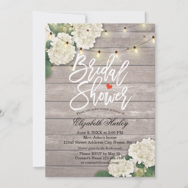 Invitación Ducha nupcial Rústica Madera Hidrangea Flores Luce (Anverso)