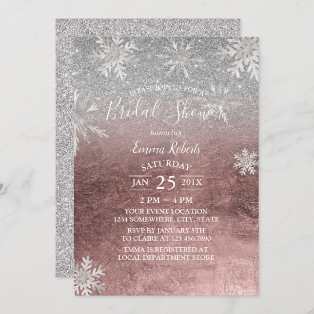 Invitación Ducha nupcial Snowflakes Rosa moderno oro y plata (Anverso / Reverso)