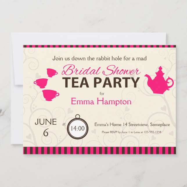 Invitación Ducha nupcial té fiesta rayas marrones rosas (Anverso)