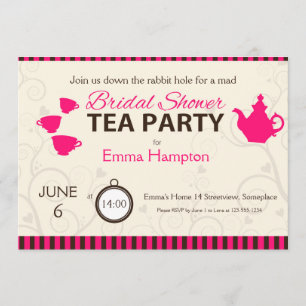 Invitación Ducha nupcial té fiesta rayas marrones rosas