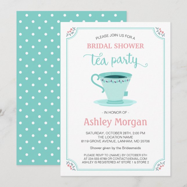 Invitación Ducha nupcial Tea Fiesta Flor Luz Tinta Rosa (Anverso / Reverso)