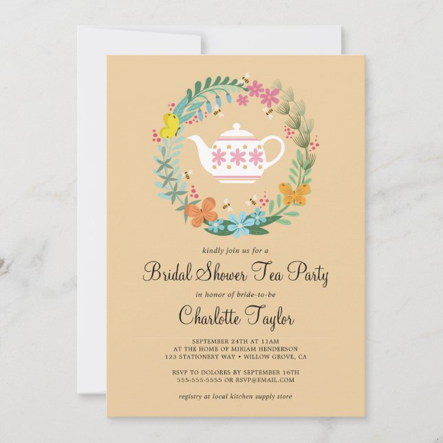 Invitación Ducha nupcial Tea Fiesta Mariposa Floral Wreath (Anverso)