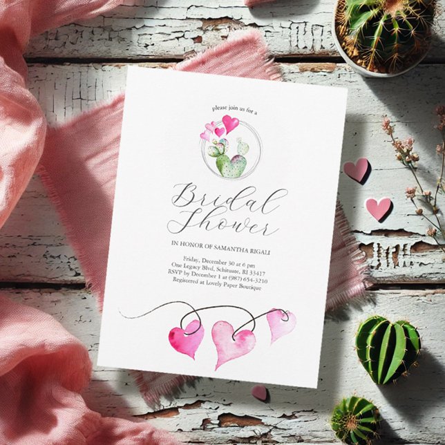 Invitación Ducha nupcial temática de San Valentín (Winter bridal shower invitations watercolor hearts and cactus art Victoria Grigaliunas DoTellABelle)
