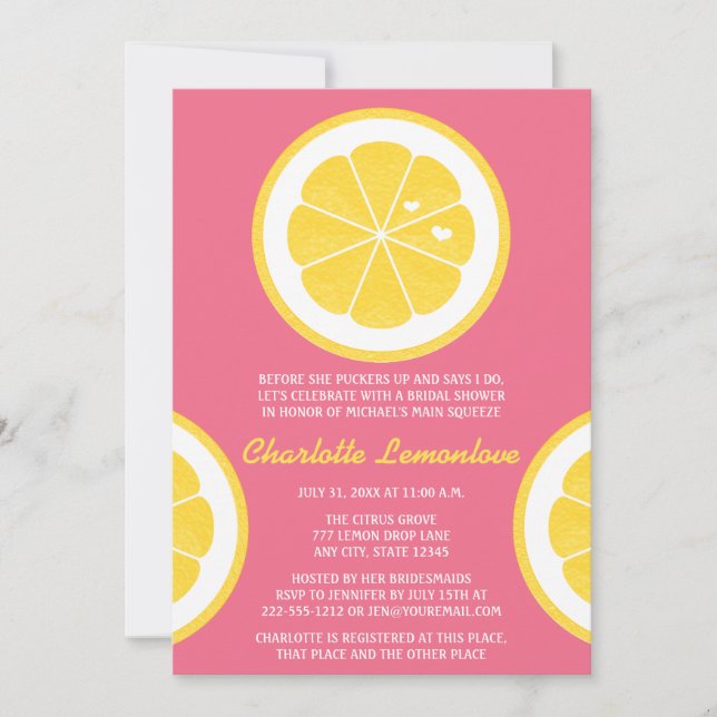 INVITACIÓN DUCHA NUPCIAL TEMÁTICA DEL LIMÓN ROSADO Y AMARILLO (Anverso)