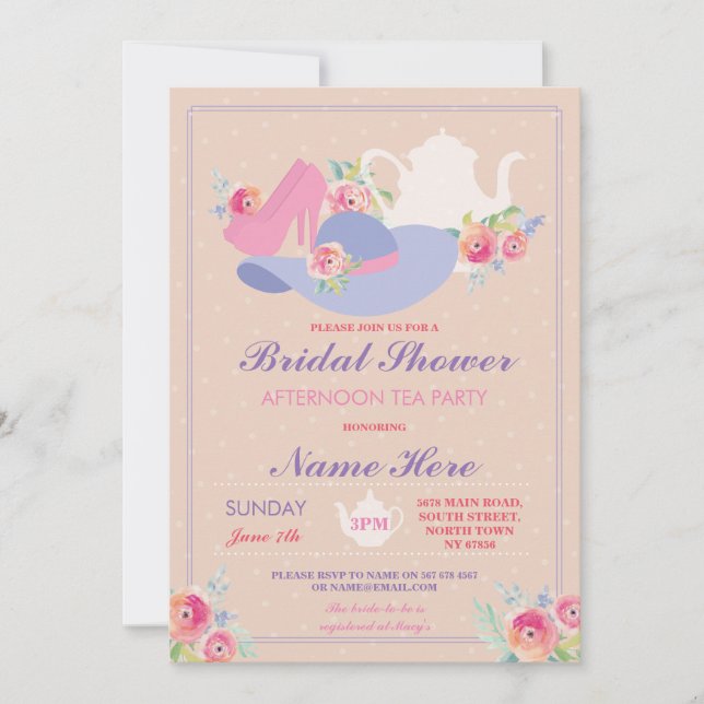 Invitación Ducha nupcial Tetera Gorra zapatillas Bachelorette (Anverso)