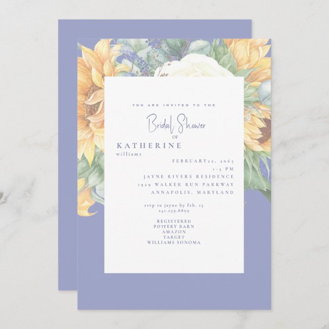 Invitación Ducha nupcial toscana de Sunflower Blue Elegant (Anverso / Reverso)