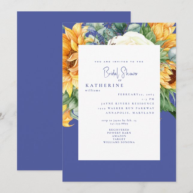 Invitación Ducha nupcial toscana de verano con girasol azul. (Anverso / Reverso)
