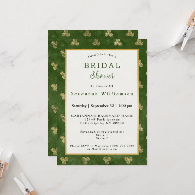 Invitación Ducha nupcial triple espiral de oro verde celta (Anverso/Reverso In Situ)