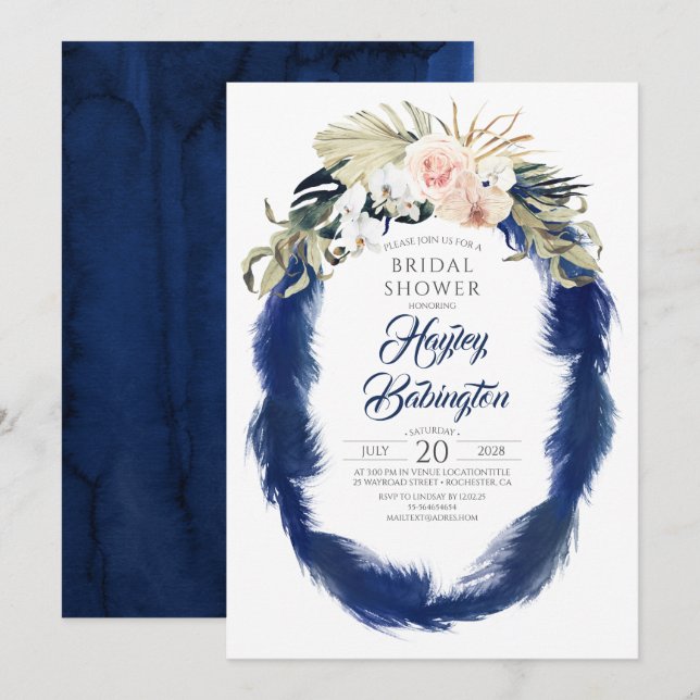 Invitación Ducha nupcial tropical de pampas azul de la marina (Anverso / Reverso)