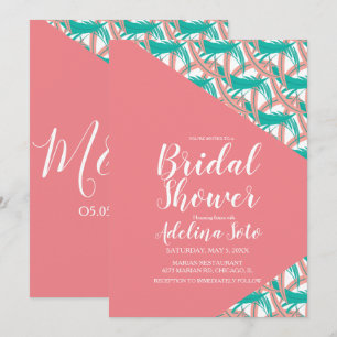 Invitación Ducha Nupcial Tropical Geo Palma Coral Plumas
