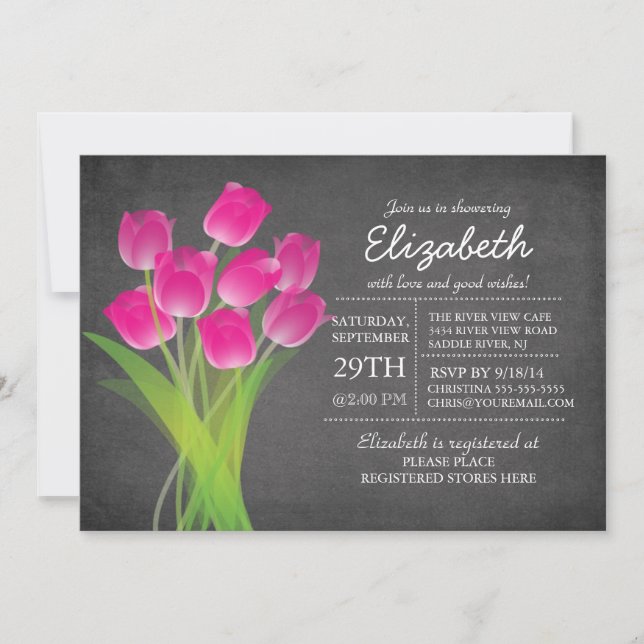 Invitación Ducha nupcial tulipán rosa chalkboard moderna (Anverso)