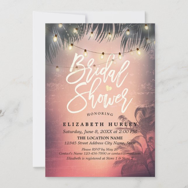 Invitación Ducha nupcial Verano Playa Palm Trees Cadena Luz (Anverso)