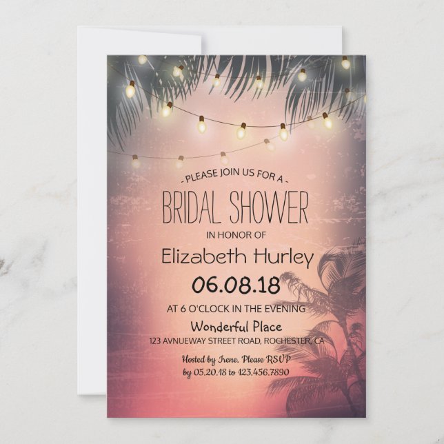 Invitación Ducha nupcial Verano Playa Palm Trees Cadena Luz (Anverso)