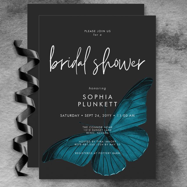 Invitación Ducha nupcial Verde azulada de polilla oscura Mood (Dark Moody Minimal Teal Moth Bridal Shower Invitation)